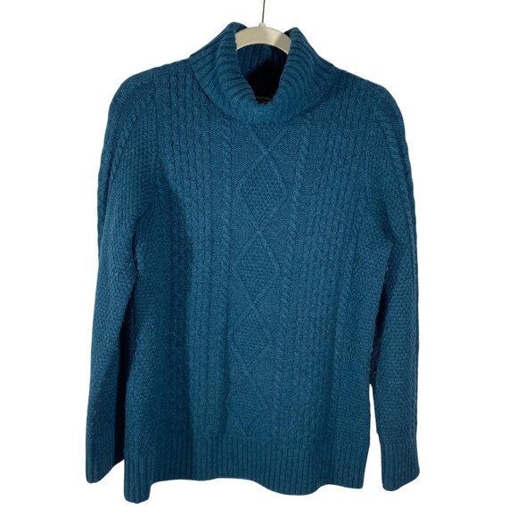 L.L.Bean Womens Blue Cable Knit Merino Wool Nylon Sweater M fishermans chunky - Picture 1 of 9
